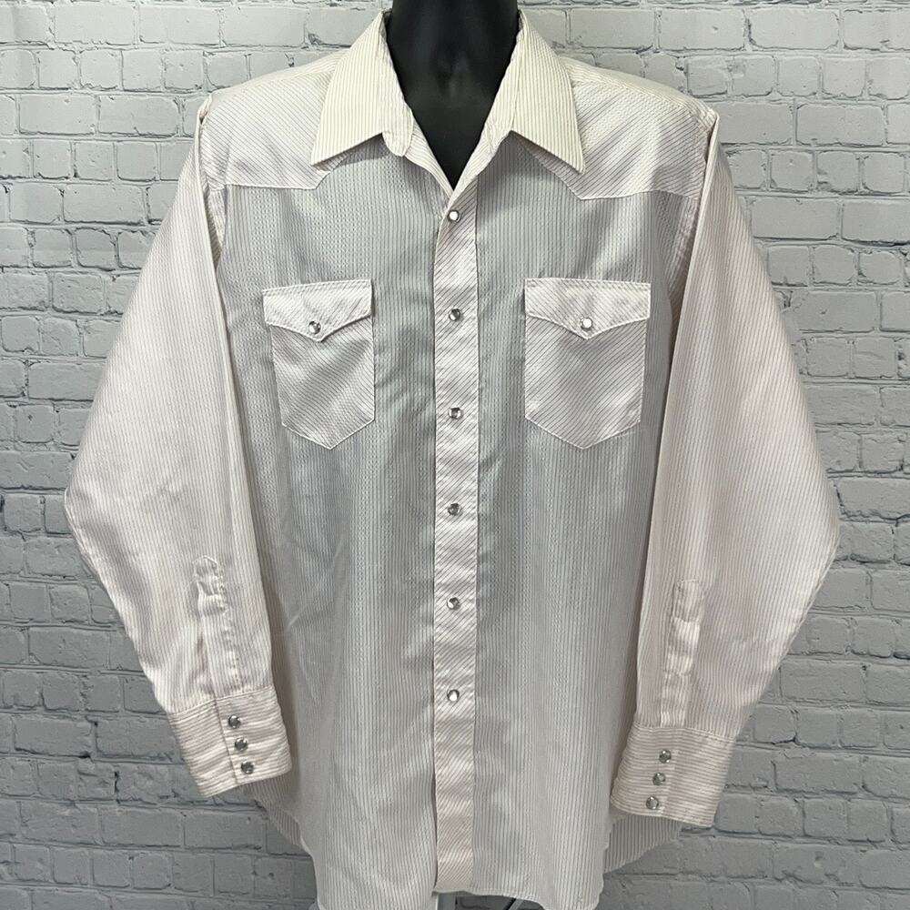 Vintage 80s Wrangler Western Pearl Snap Shirt 2XL XXL 18x35 USA White Red Stripe